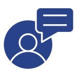 A blue icon of a person with speech bubble.