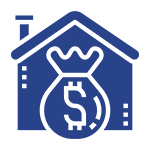 A blue house with a bag of money in the middle.